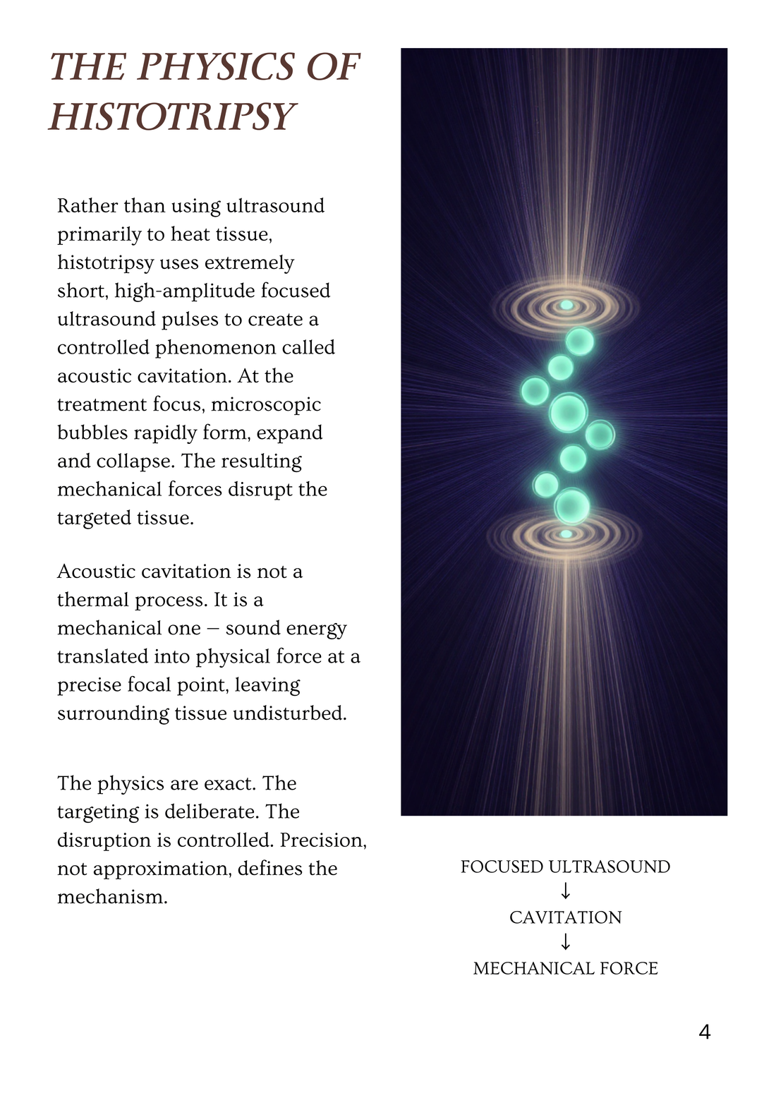 The physics of histotripsy. Short, high-amplitude focused ultrasound pulses create acoustic cavitation: microscopic bubbles form, expand and collapse, and the resulting mechanical forces disrupt the targeted tissue. Focused ultrasound, then cavitation, then mechanical force.